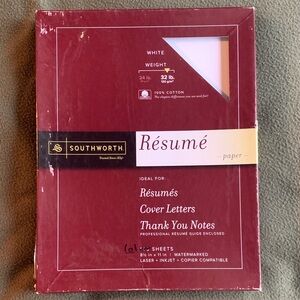 Southworth Resume paper. 100% cotton. 8 1/2” x 11”. 61 sheets. White.